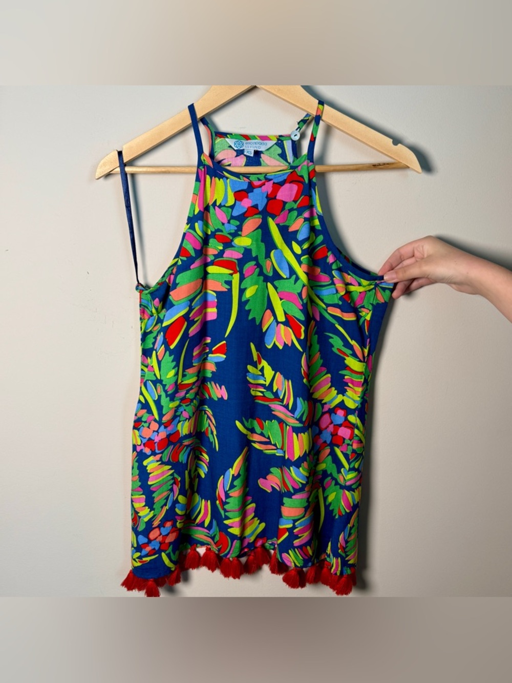 Escapada Living Tropical Tassel Hem Mini Dress XS Dopamine Dressing Resortwear